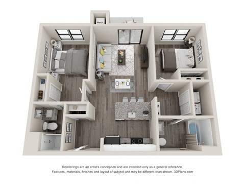 Floor plan for 2 beds, 2 baths, 776 sqft